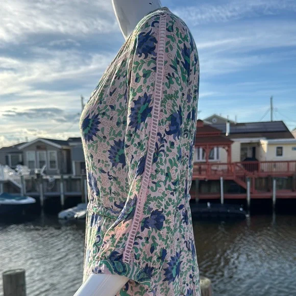 Blue and White Ruffled Midi Sundress with Plunge Neckline - Picture 14 of 16